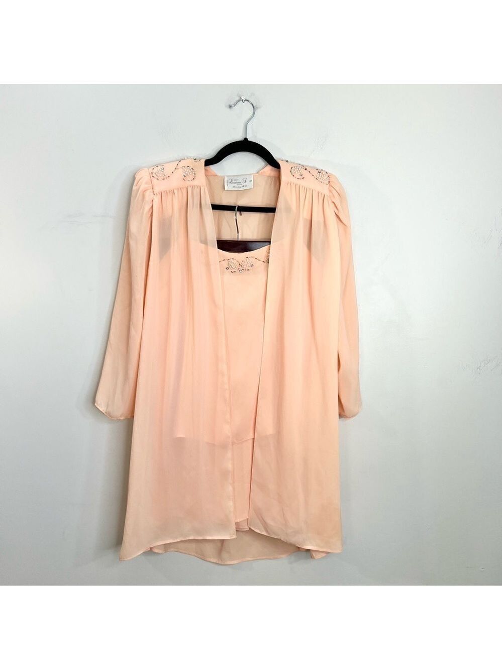 Vintage 80s union made beaded peach chiffon open jacket cami skirt set suit 16 - Picture 5 of 17